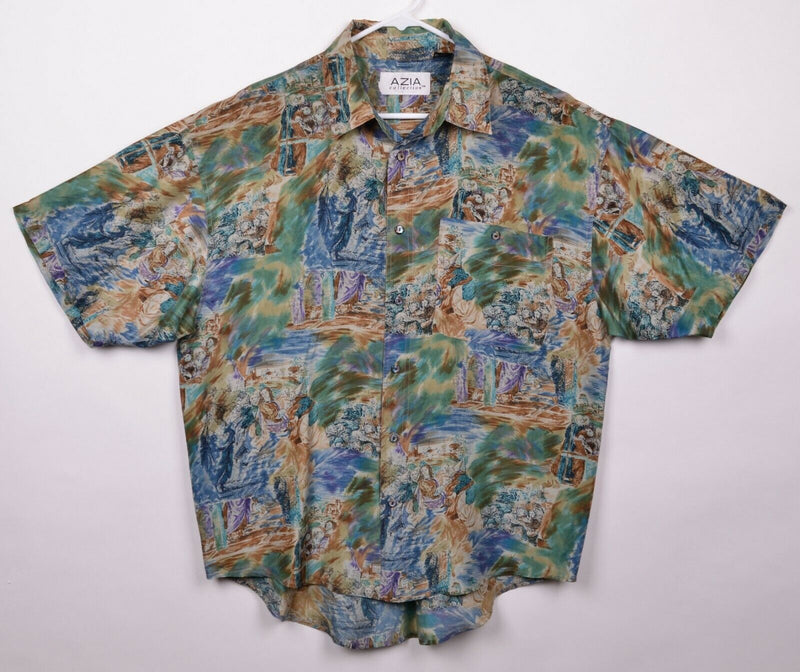 Azia Collection Men's Sz Medium 100% Silk Watercolor Painting Fresco Camp Shirt