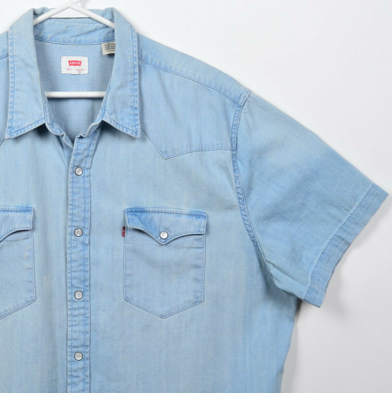 Levi's Men's 2XL Pearl Snap Denim Blue Indigo Faded Western Short Sleeve Shirt