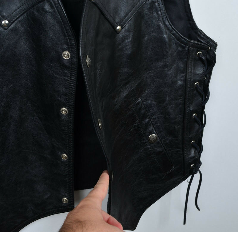 Harley-Davidson Men's Large Black Leather Lace-Up Snap-Front USA Biker Vest