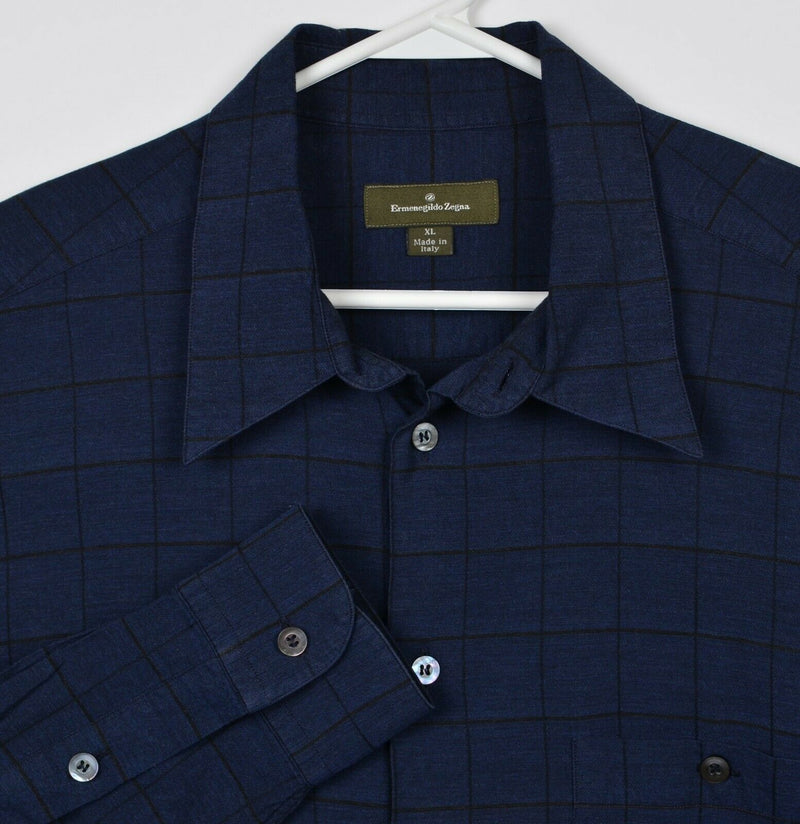 Ermenegildo Zegna Men's XL Navy Blue Plaid Cotton Rayon Italy Button-Front Shirt