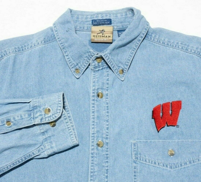 Wisconsin Badgers Denim Shirt Men's Large Vintage 90s Reebok Heisman Button-Down