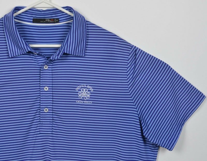 RLX Ralph Lauren Men XL Purple Blue Striped US Open Wicking Golf Polo Shirt