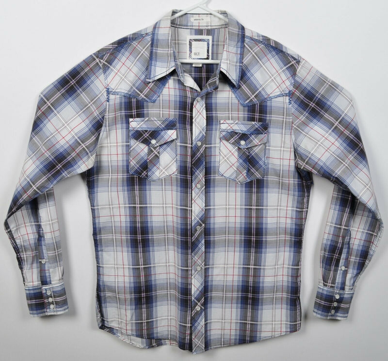 BKE Buckle Men's Medium Athletic Fit Pearl Snap Blue Gray Plaid Rockabilly Shirt