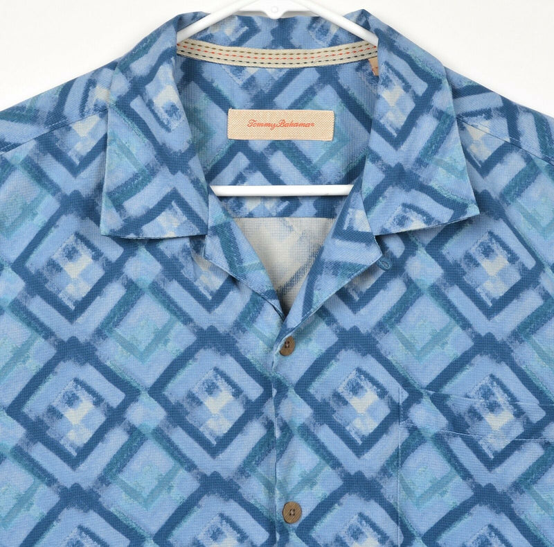 Tommy Bahama Men's Sz Large 100% Silk Blue Geometric Hawaiian Aloha Shirt
