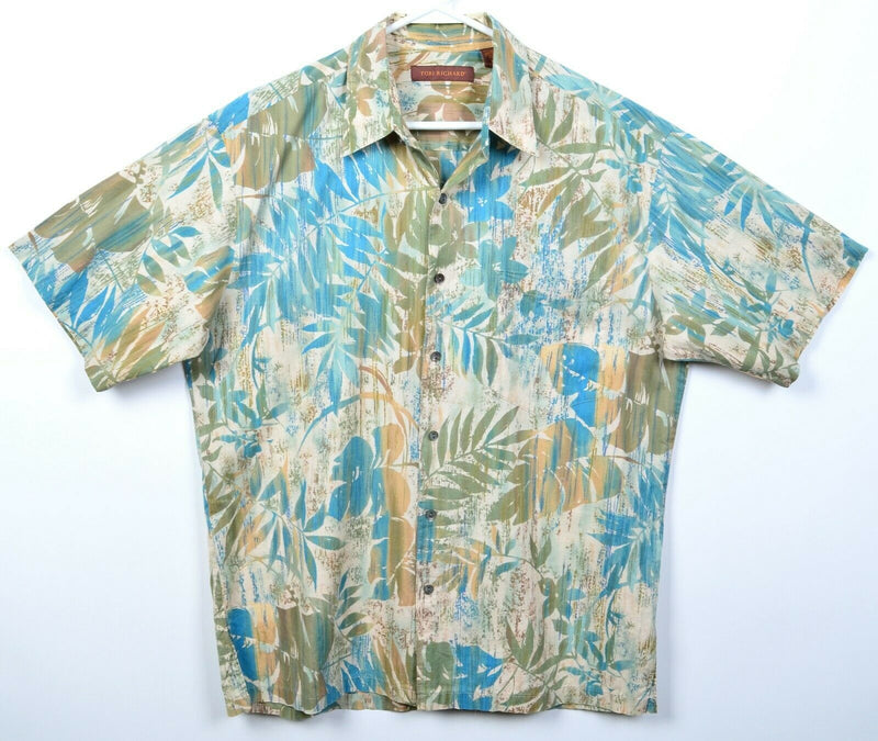 Tori Richard Men's Medium Floral Green Blue Cotton Lawn Hawaiian Aloha Shirt