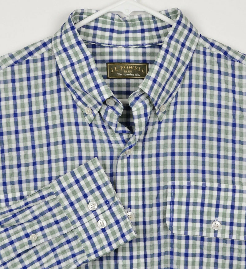 J.L. Powell Men's Sz Large Blue Green Plaid Check Long Sleeve Seersucker Shirt