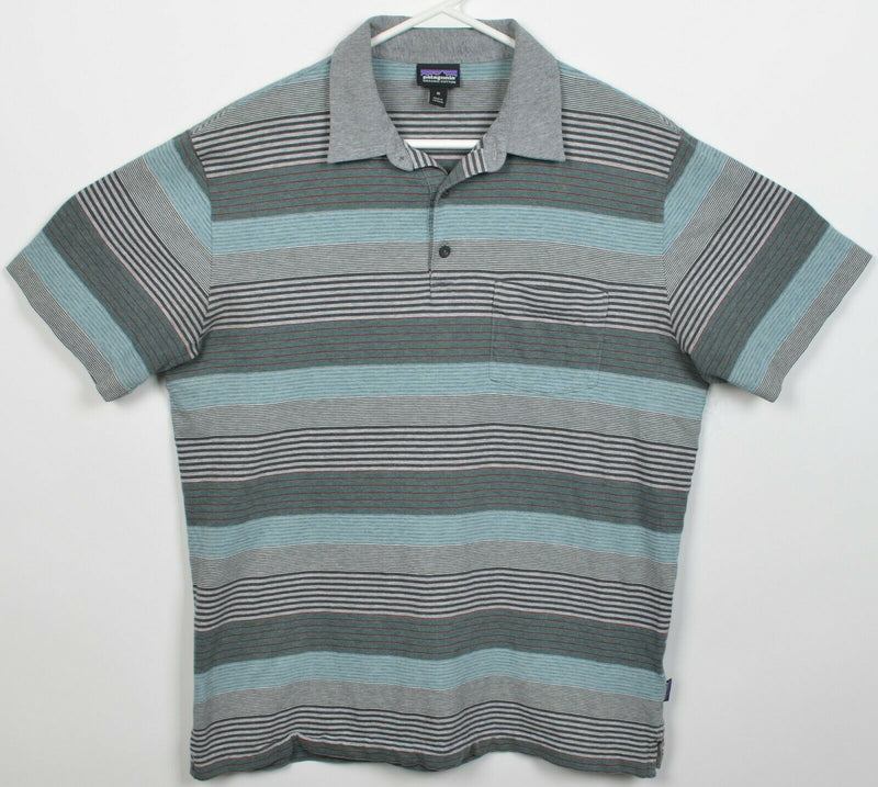 Patagonia Men's Medium Squeaky Clean Gray Blue Green Striped Polo Shirt 52776