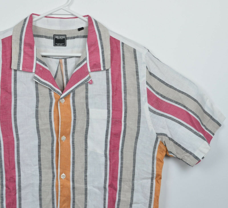 Todd Snyder Men's XL 100% Linen Red Gray Striped Loop Collar Button-Front Shirt
