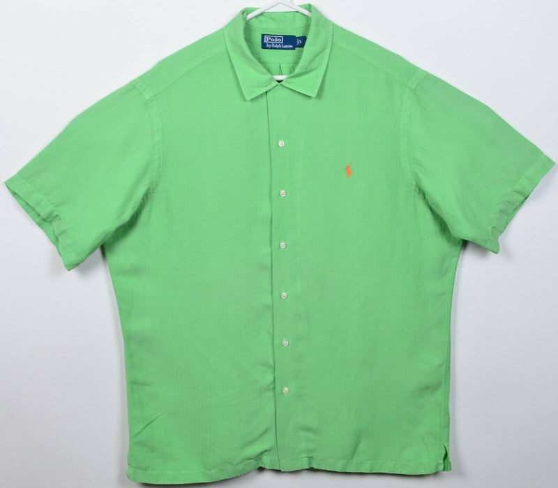 Polo Ralph Lauren Men's Large Linen Silk Blend Solid Green Button-Front Shirt