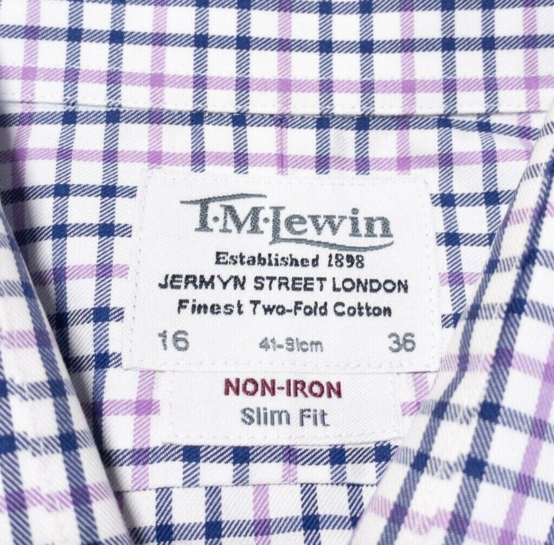 T.M.Lewin 16-36 Slim Fit Men Shirt French Cuff Purple Check Non-Iron Long Sleeve