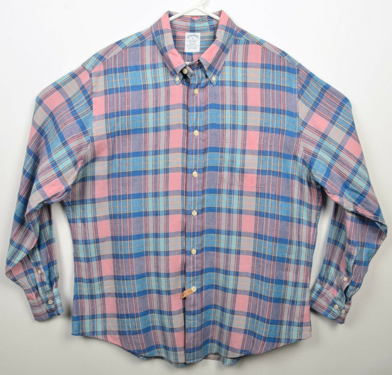 Brooks Brothers Men's XL Irish Linen Pink Blue Plaid Button-Down Regent Shirt