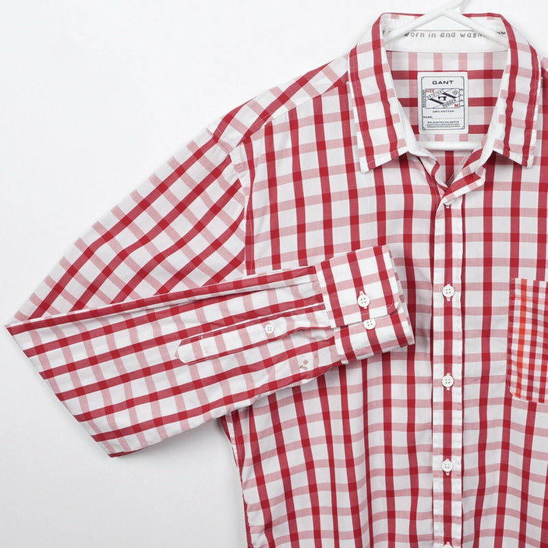 GANT Rugger Men Medium Red White Plaid Check Contrast Pocket Button-Front Shirt