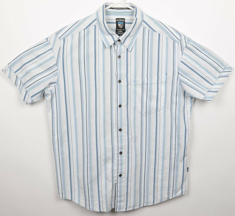 Kuhl Suncel Men's Medium White Blue Striped Hiking Outdoor Button-Front Shirt