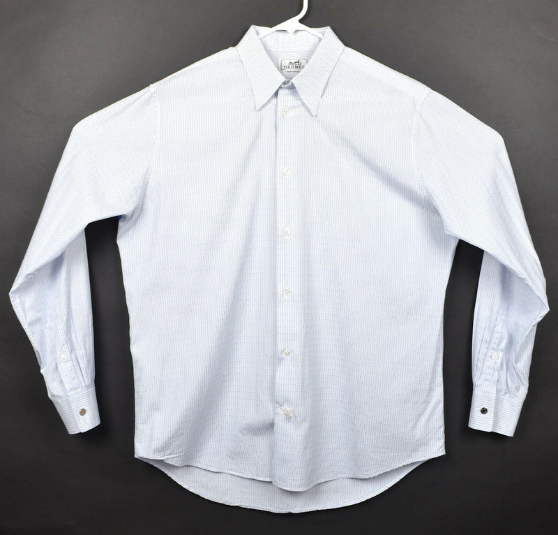 Hermes Men's Sz 16/41 Blue White Striped Made in France Button-Down Dress Shirt