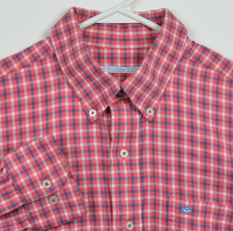 Southern Tide Men's Large Pink Blue Plaid Check Logo Preppy Button-Down Shirt