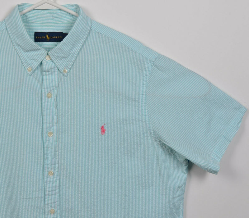 Polo Ralph Lauren Men's XL Seersucker Aqua Blue Striped Pony Button-Down Shirt