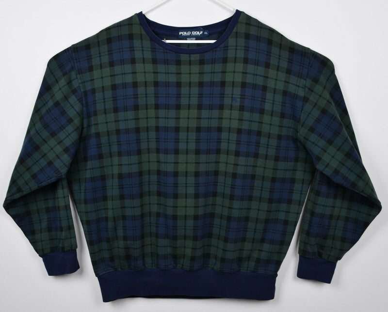 Vintage 90s Polo Golf Ralph Lauren Men's XL Green Navy Tartan Plaid Sweatshirt