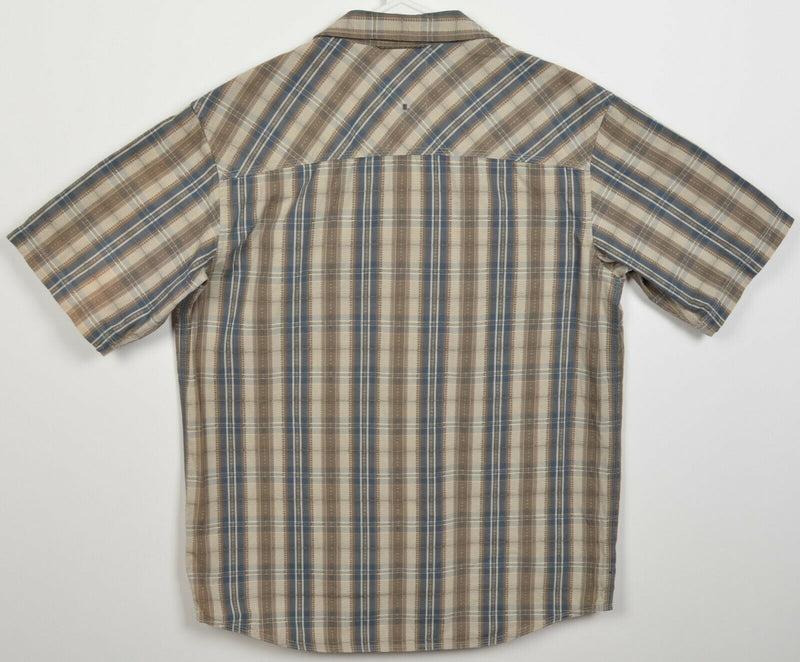 REI Men's Medium Blue Brown Plaid Organic Cotton Hiking Button-Front Shirt