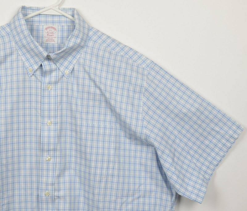 Brooks Brothers Men's 17.5 Blue White Plaid Non-Iron Short Sleeve Dress Shirt