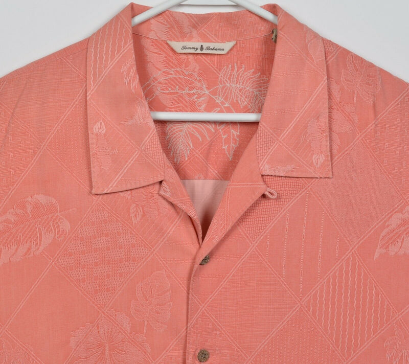 Tommy Bahama Men's 2XL 100% Silk Salmon Pink Textured Floral Hawaiian Shirt