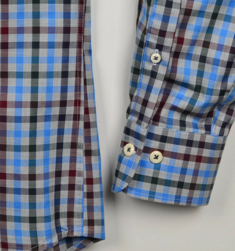 Peter Millar Men's Sz Medium Blue Burgundy Gray Plaid Check Button-Front Shirt