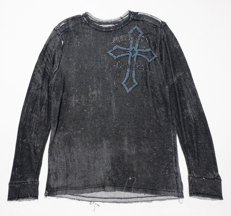 Affliction T-Shirt Reversible Men's XL Skull Gray Black Distressed Frayed Cross