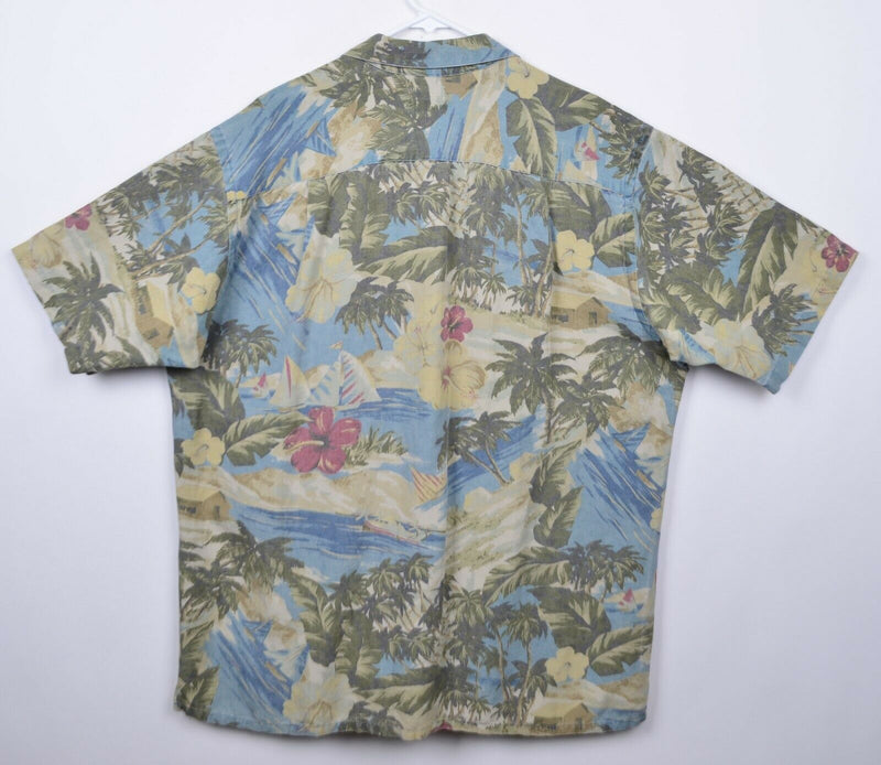Vtg Nautica Men's Sz Large Linen Rayon Blend Floral Sailboat Hawaiian Camp Shirt