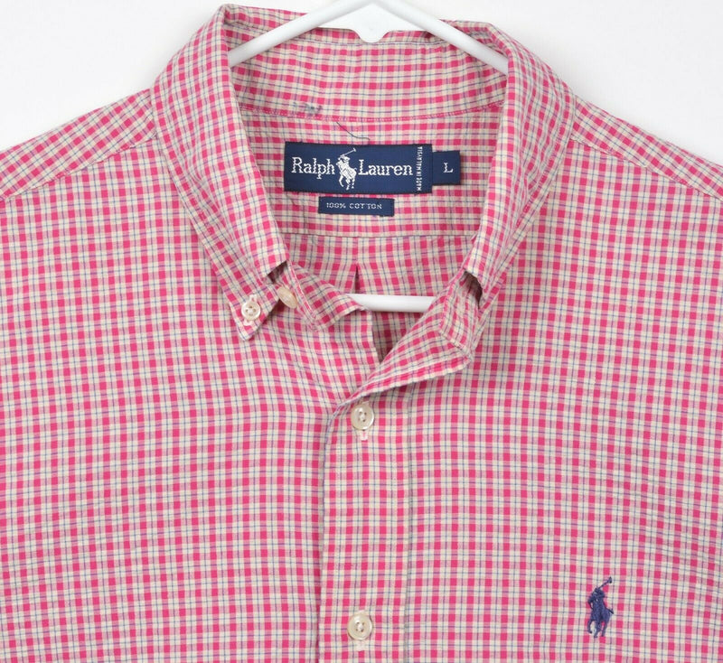 Polo Ralph Lauren Men's Sz Large Seersucker Pink Plaid Short Sleeve Shirt