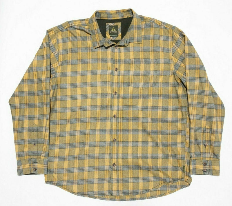 Prana Men's 2XL Organic Cotton Polyester Blend Flannel Shirt Yellow Plaid