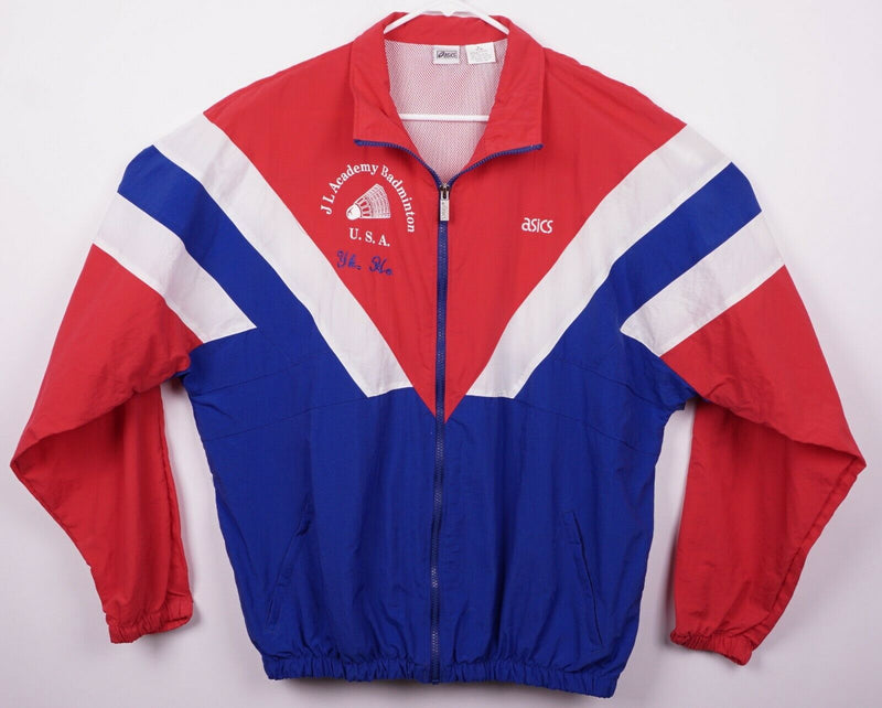 Vtg 90s ASICS Men's XL USA Colorblock Red Blue Vented Windbreaker Track Jacket