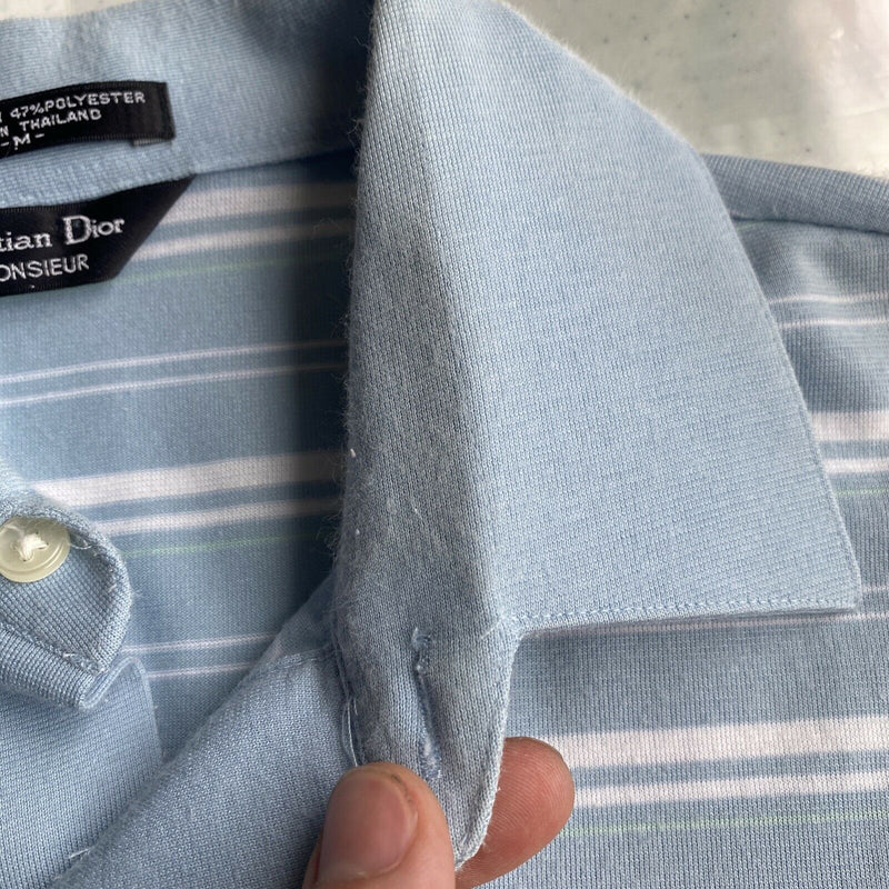Vintage 80s Christian Dior Men's Medium Blue Striped Logo Pocket Polo Shirt