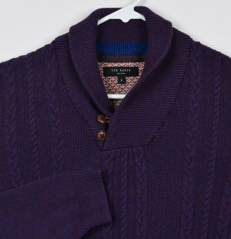 Ted Baker London Men's Sz 3 Shawl Collar Purple Cable-Knit Pullover Sweater