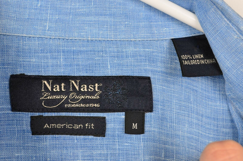 Nat Nast Men's Sz Medium American Fit 100% Linen Blue Ruffle Bowling Camp Shirt