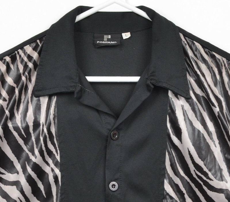 Positano Men's Large Zebra Print Panel Stripe Black Disco Club Shiny Camp Shirt