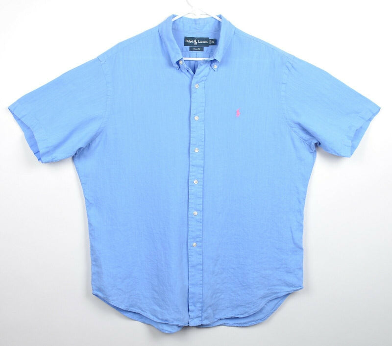 Polo Ralph Lauren Men's Sz XL Classic Fit 100% Linen Light Blue Pink Pony Shirt