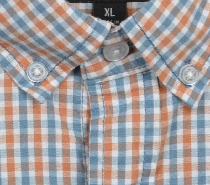 Betabrand Men's XL Orange Blue Check Cotton Poly Blend Wicking Button-Down Shirt