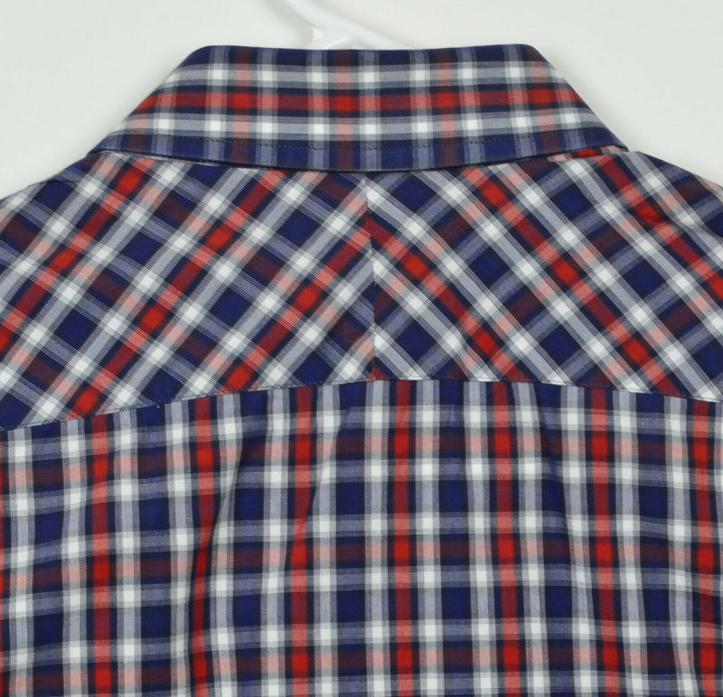 Billy Reid Men's Sz Medium Standard Cut Red Navy Blue Plaid Long Sleeve Shirt