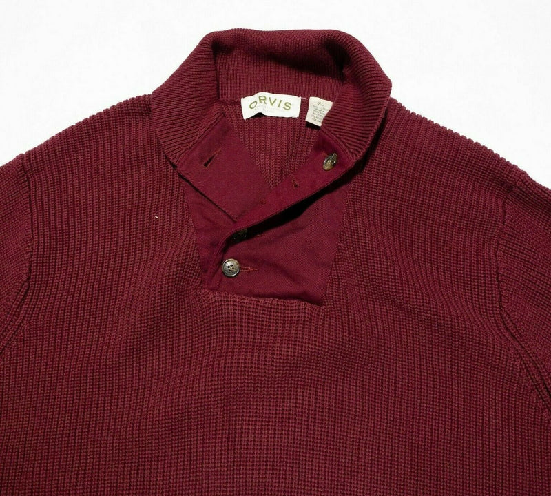 Orvis WWII Mechanic Sweater Shawl Collar Red Military Elbow Patches Men's XL