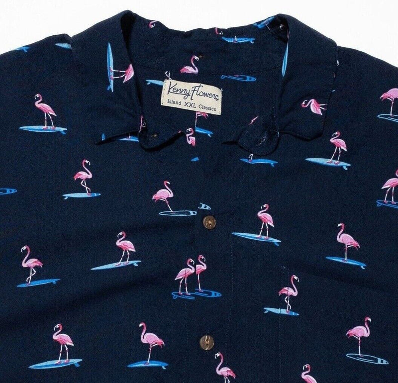 Kenny Flowers Shirt XXL Men's Hawaiian Flamingo Aloha Navy Blue Pink Rayon 2XL