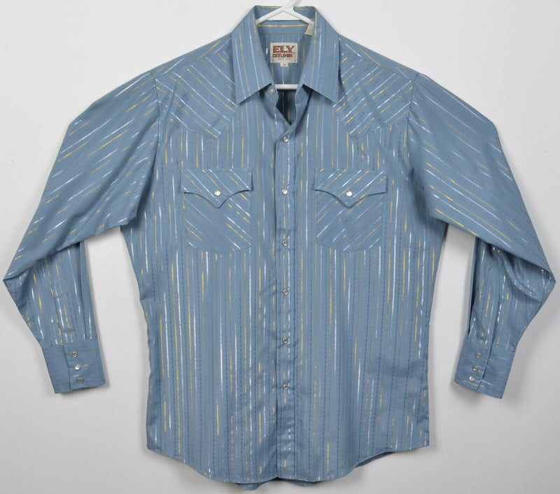 Ely Cattleman Men's Medium Pearl Snap Blue Metallic Silver Stripe Western Shirt