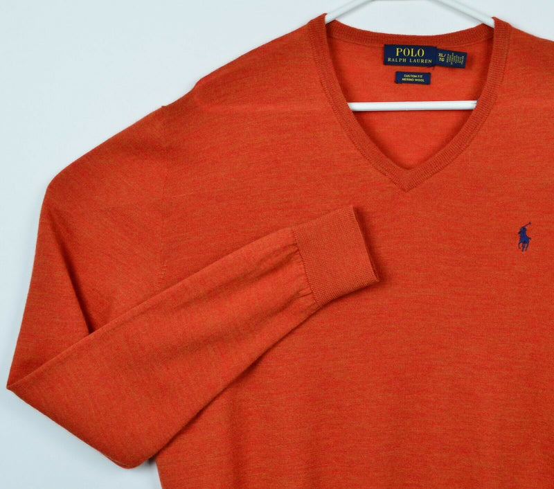 Polo Ralph Lauren Men's XL 100% Merino Wool Orange V-Neck Pullover Sweater