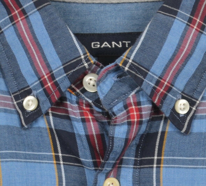 GANT Men's Medium Regular Fit Newport Twill Blue Red Plaid Button-Down Shirt