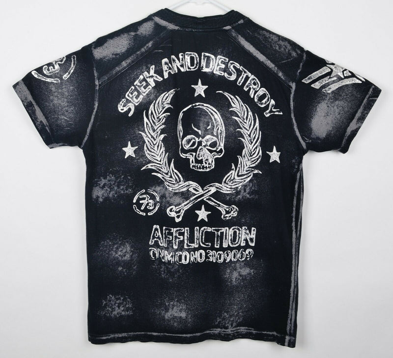 Affliction Men's Sz Medium Skull Seek and Destroy Distressed Henley T-Shirt