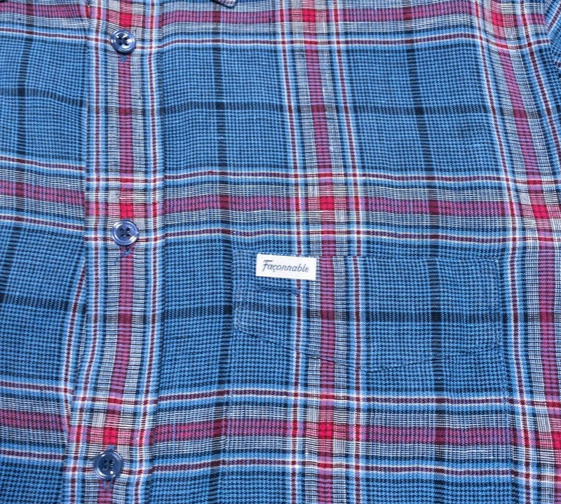 Faconnable Linen Shirt Small Men's Club Blue Red Plaid Long Sleeve Button-Front