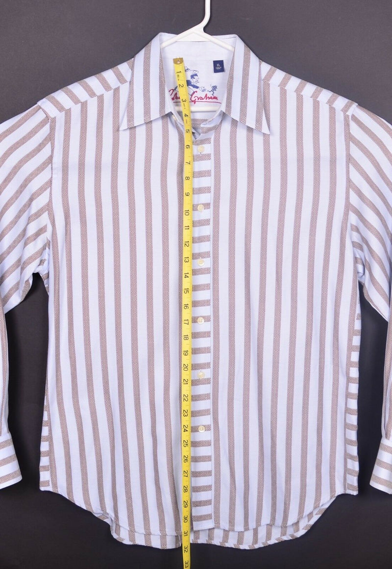 Robert Graham Men's Sz XL Money Bags Flip Cuffs Blue Brown Striped Shirt
