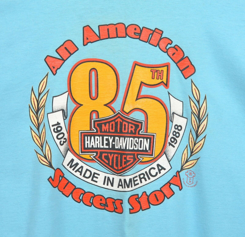 Vintage 80s Harley-Davidson Men's XL 85th Anniversary (1988) Aqua Blue T-Shirt