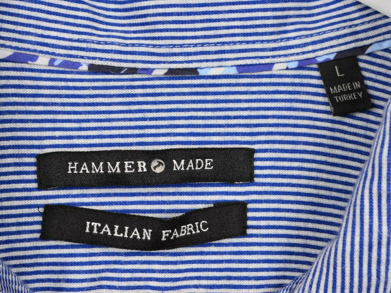 Hammer Made Men's Sz Large Blue Striped Italian Fabric Short Sleeve Polo Shirt