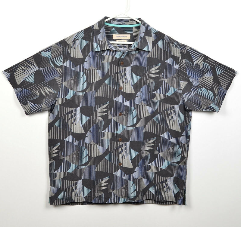Tommy Bahama Men's Large 100% Silk Blue Black Gray Geometric Hawaiian Shirt