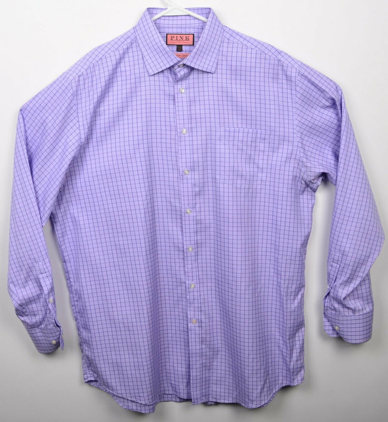 Thomas Pink Men 17.5-37 Traveller Classic Purple Plaid Button-Front Dress Shirt