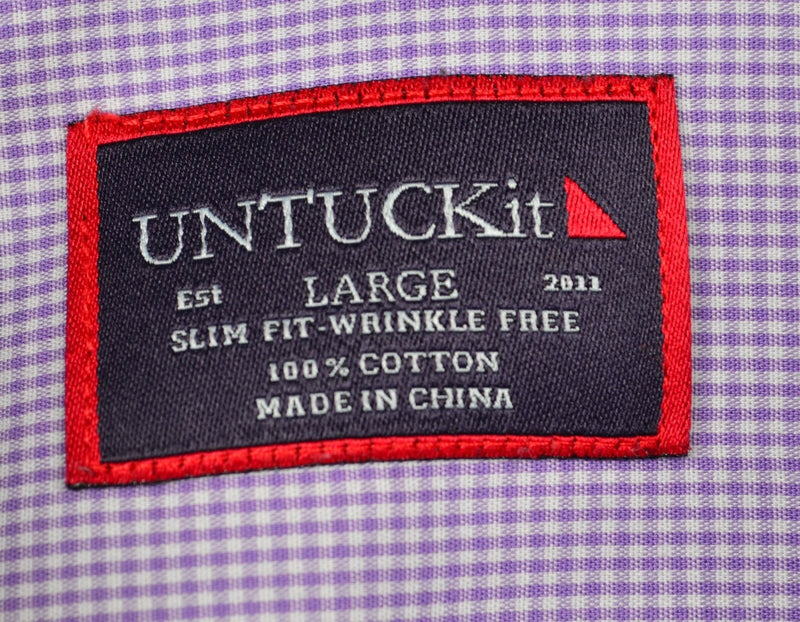 UNTUCKit Men's Large Slim Fit Wrinkle Free Purple Micro-Check Plaid Shirt